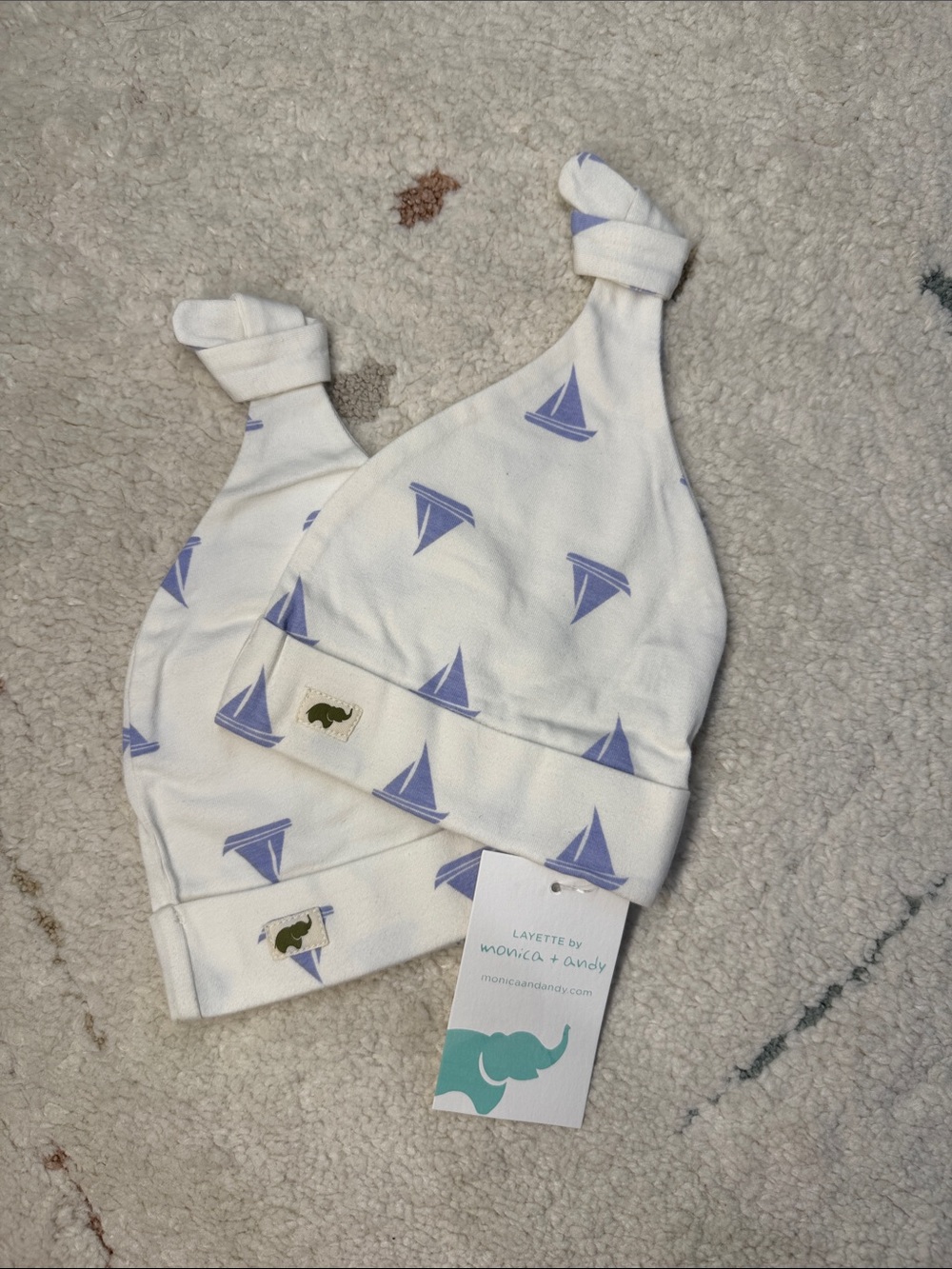 Monica + Andy White Baby Knot Hat with Blue Sailboat Print